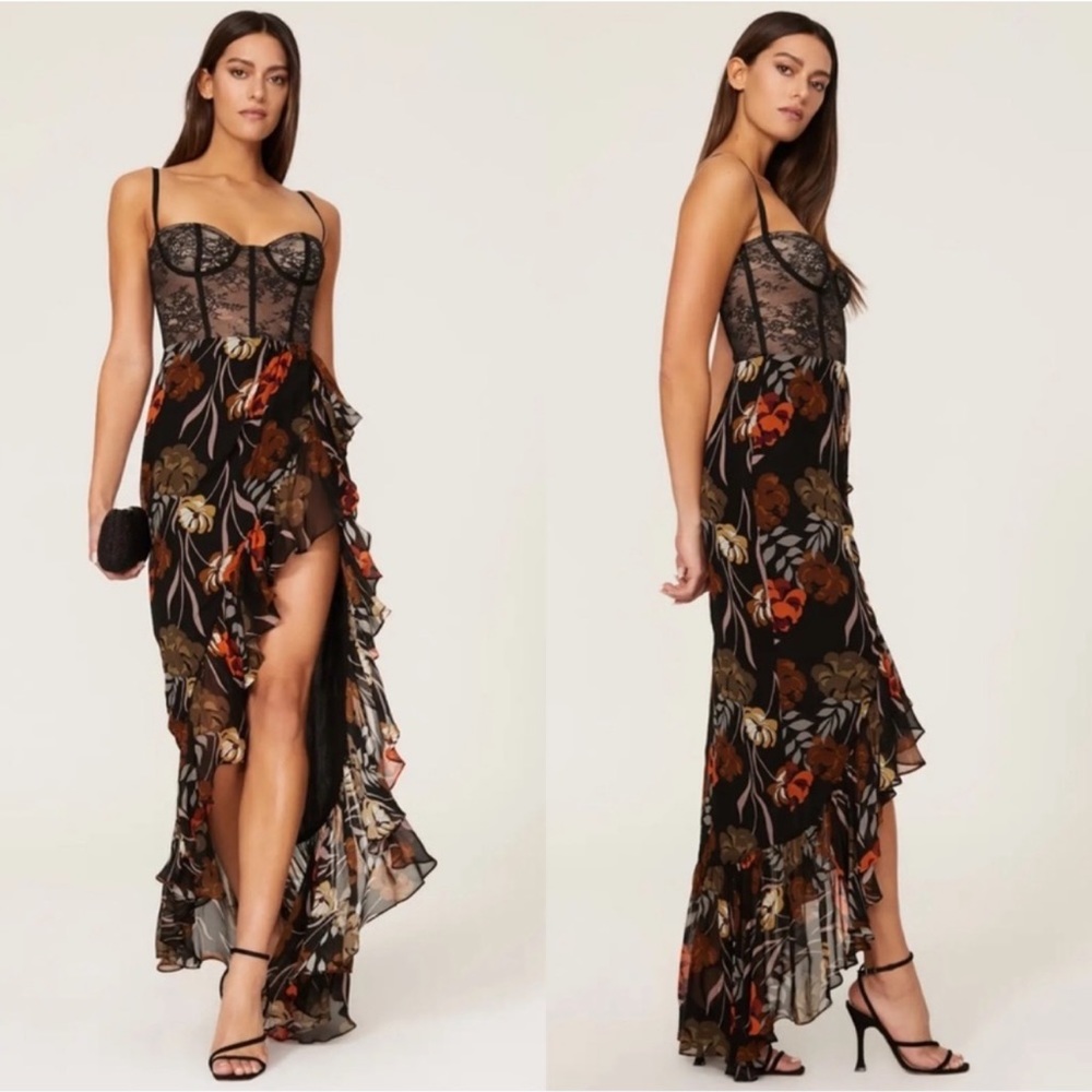 Katie May Black Floral Lace Bustier Maxi Dress | High Slit XS
